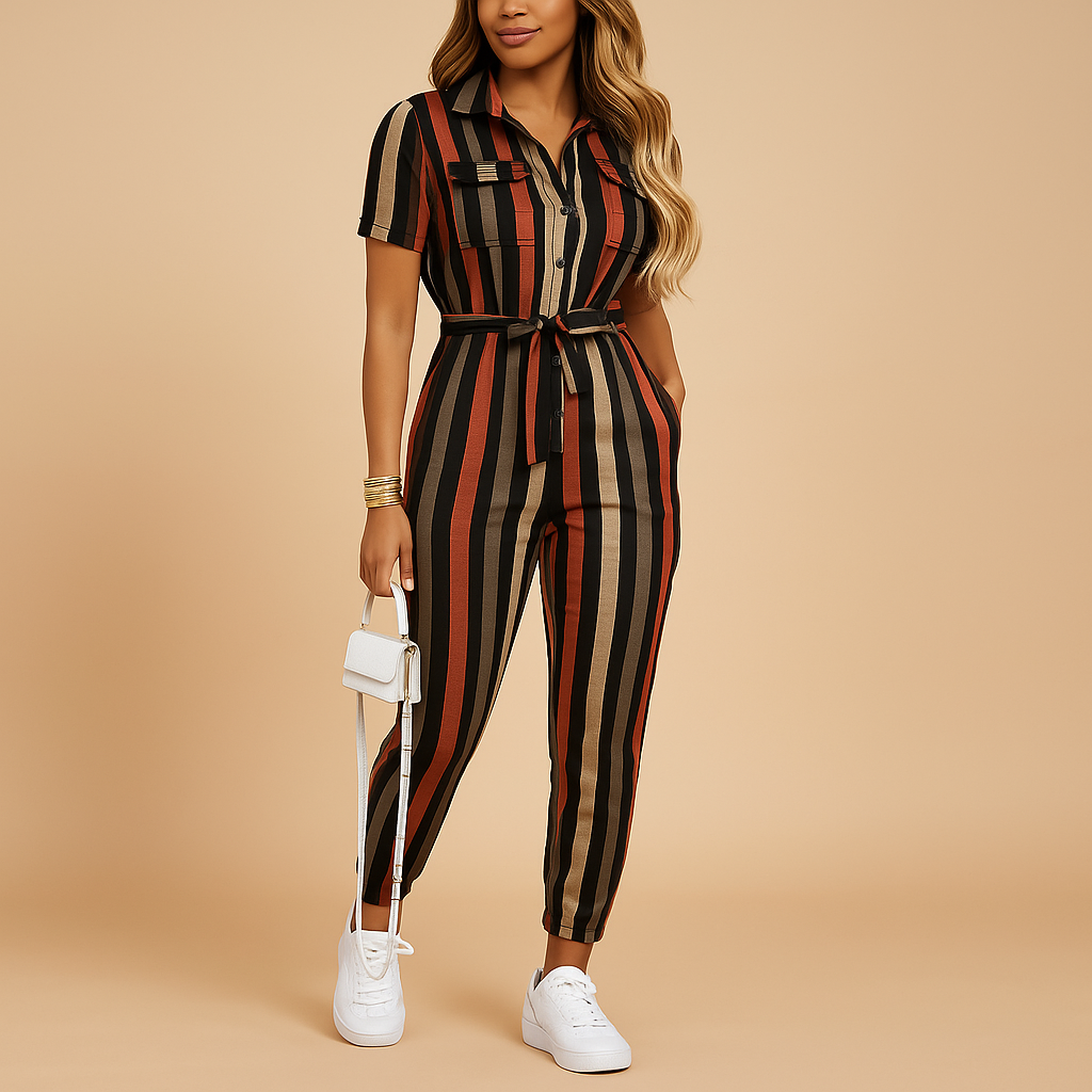Elegant women's tailored jumpsuit paired with accessories, ideal for a chic evening outfit or special occasion.