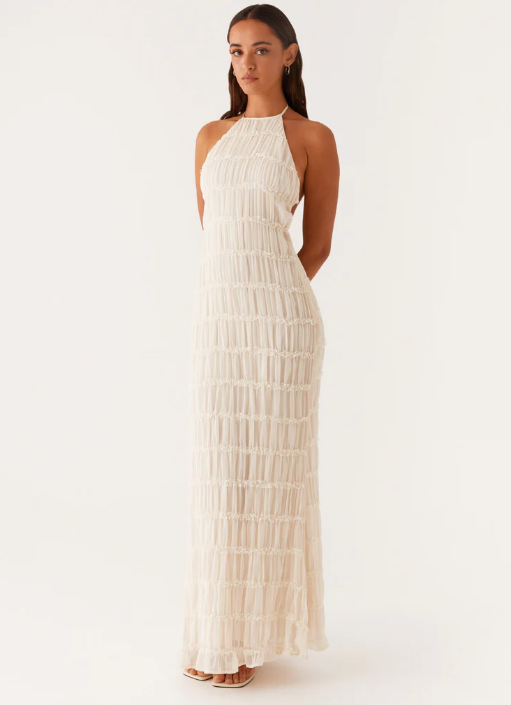 Chic Women's Textured Halter Maxi Wedding Guest Dress, elegant and perfect for special occasions.