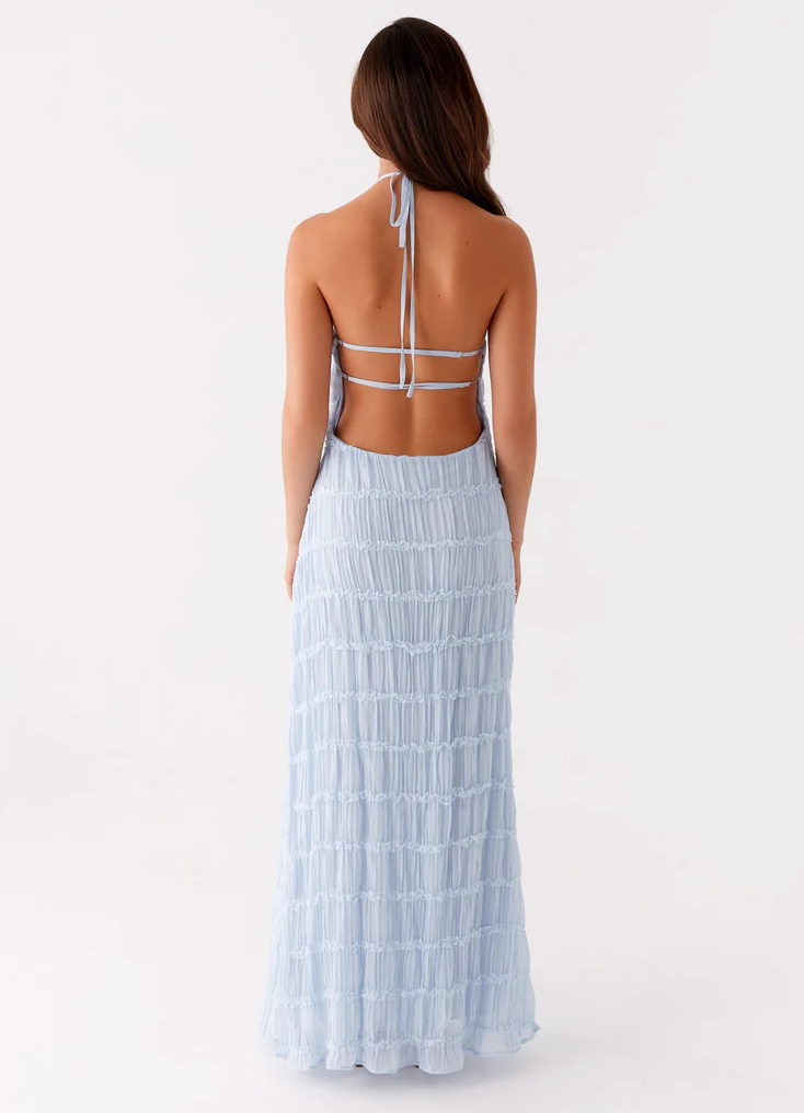 Chic textured halter maxi dress, versatile for wedding guests, formal events, and special occasions.