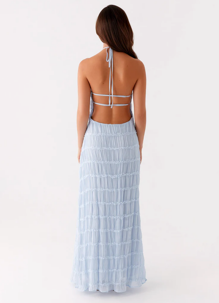 Chic textured halter maxi dress, versatile for wedding guests, formal events, and special occasions.