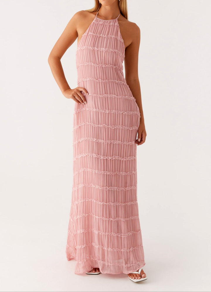 Elegant textured halter maxi dress for women, a sophisticated wedding guest or formal evening gown.