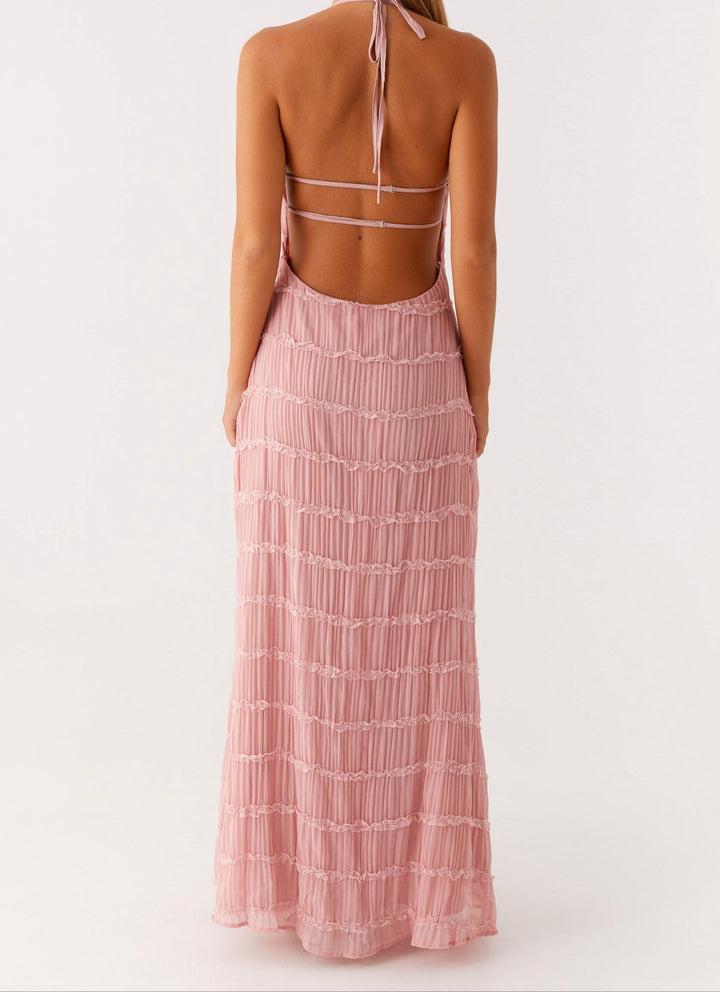 Chic textured halter maxi dress for women, an elegant and stylish choice for wedding guest attire.