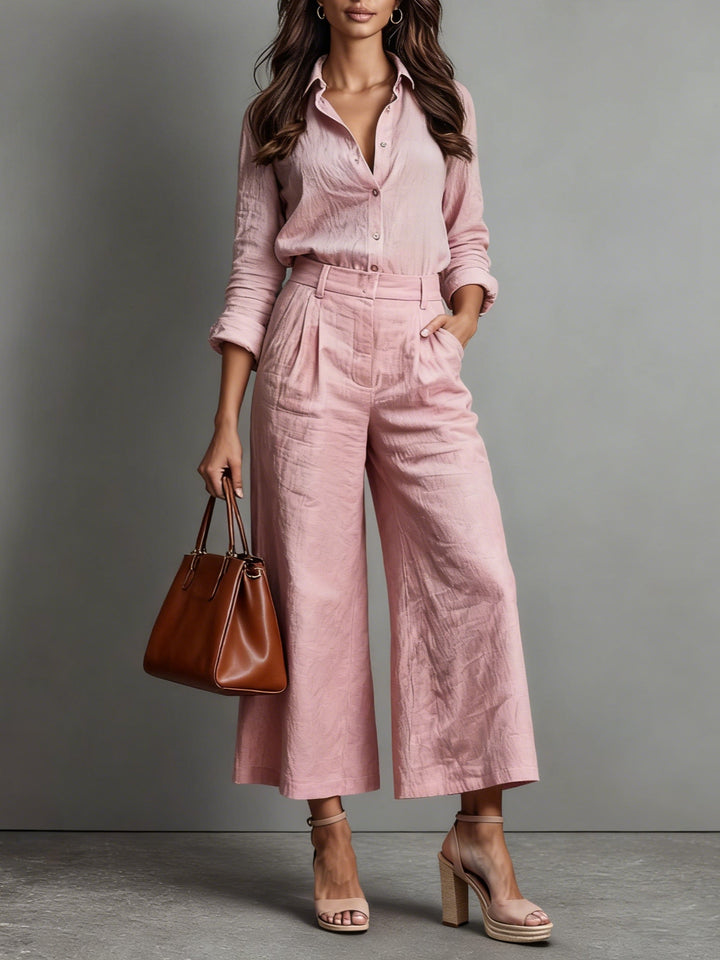 Chic women's two-piece set: wide leg pants & button-down shirt. Elegant, comfortable summer fashion, versatile co-ord outfit.