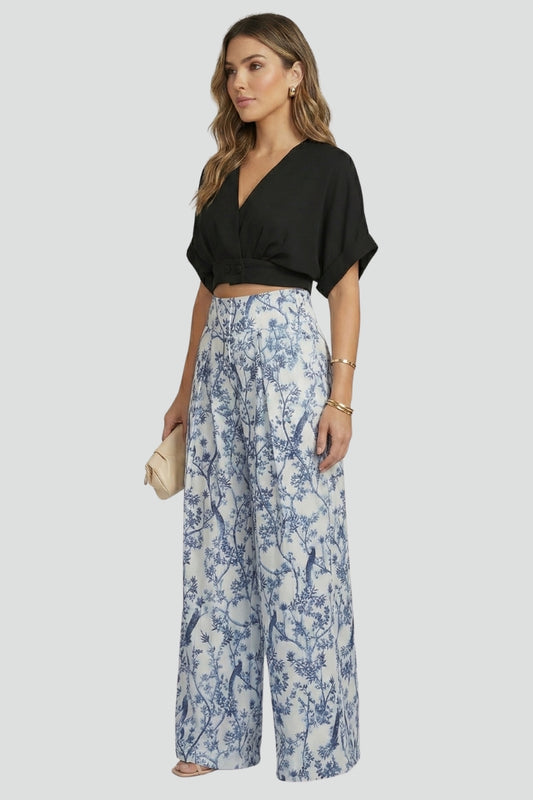 Stylish V-neck top and comfortable patterned wide leg pants, women's two-piece set. Ideal for casual chic fashion.