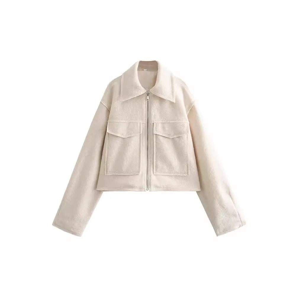 stylish wool-blend bomber jacket for women, featuring a comfortable and warm design for cold weather
