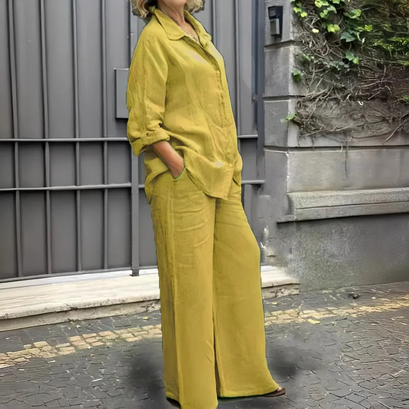 Chic women's yellow button-up shirt & wide-leg pants matching set for versatile spring/summer resort wear.