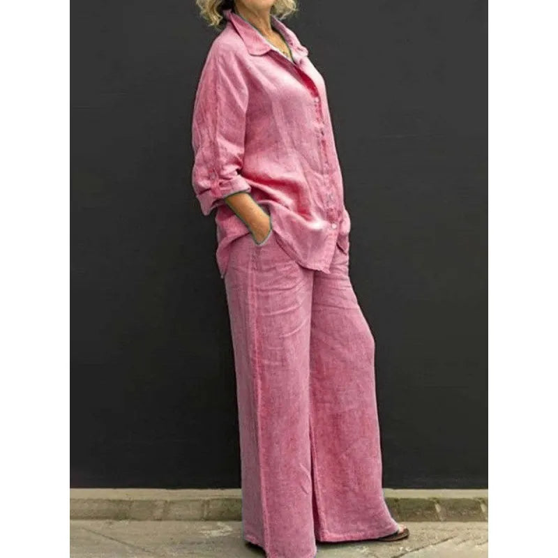 Yellow women's matching set: breezy button-up top & comfortable wide-leg trousers, ideal for resort fashion.