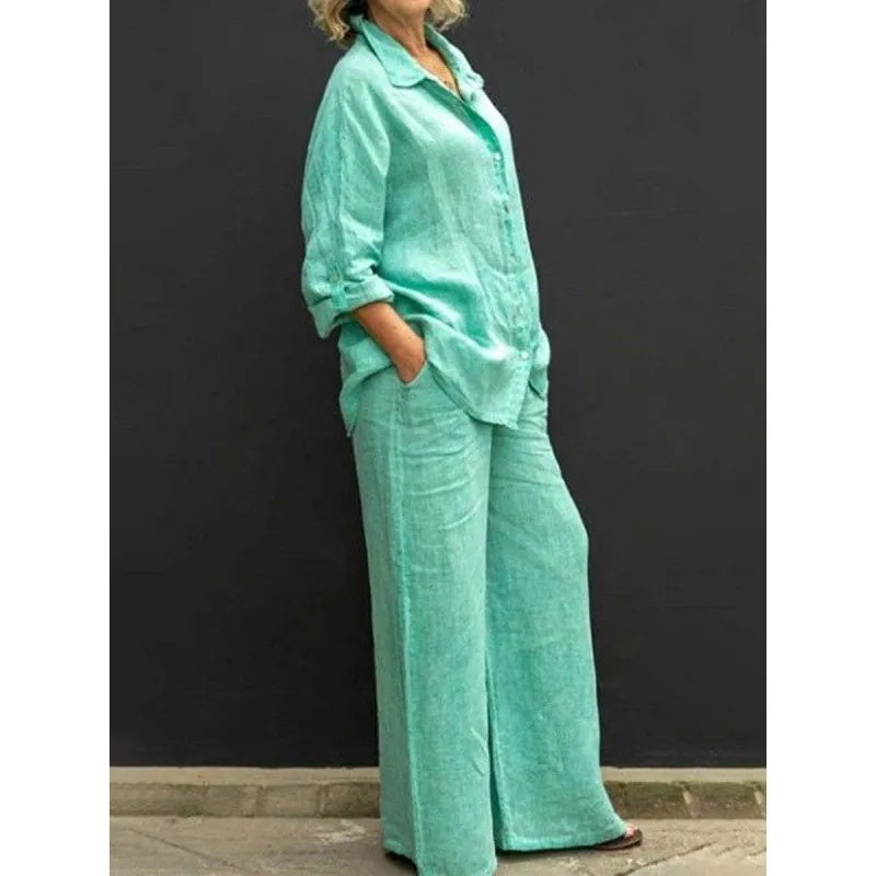 Casual chic yellow women's button-up shirt and wide-leg pants two-piece set. Comfortable resort wear fashion.