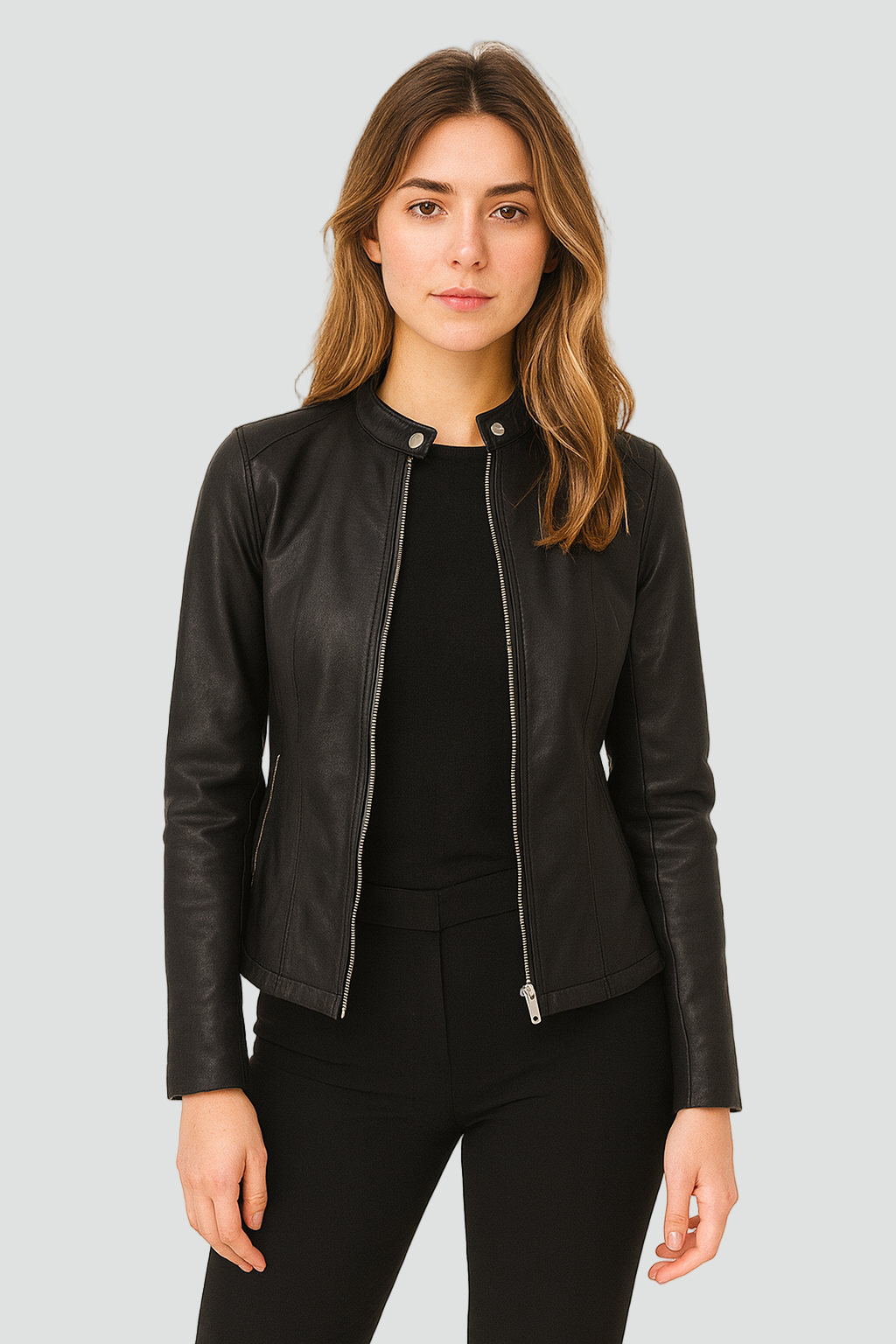 Chic women's zip-front jacket, perfect for versatile everyday or evening wear. Tailored modern style outerwear.