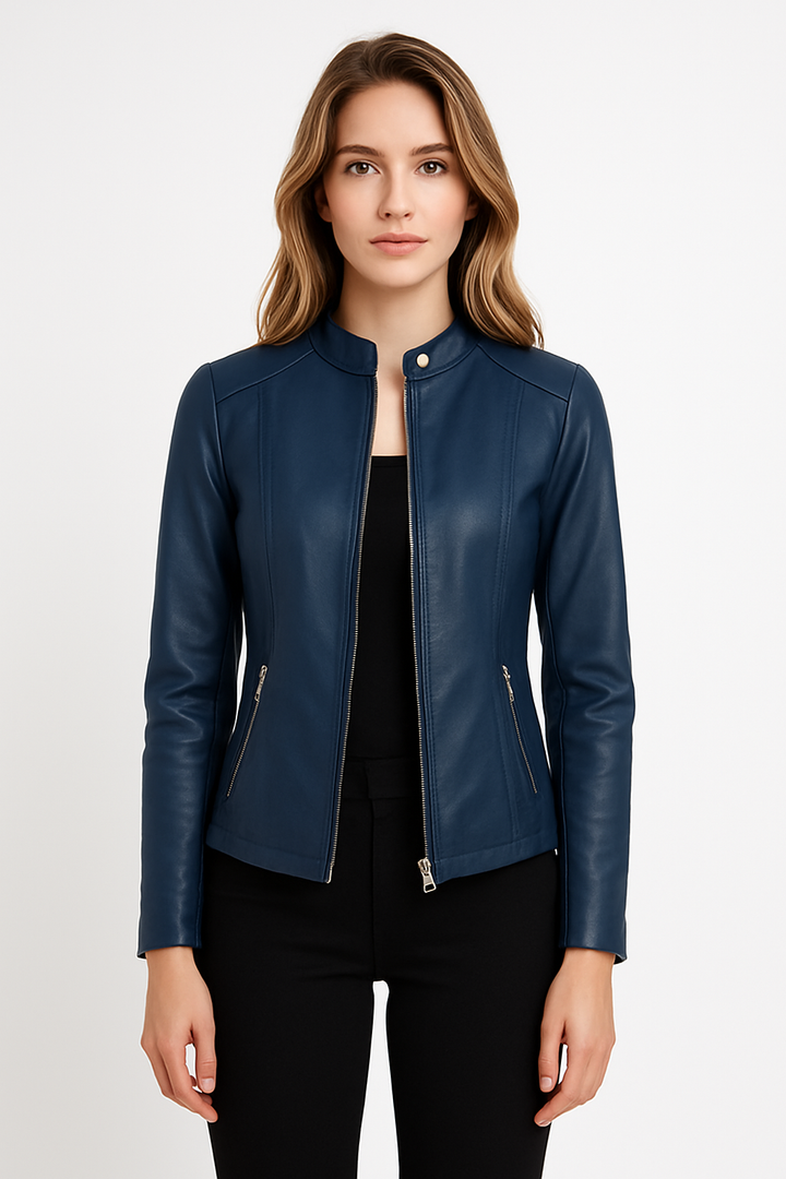 Women's fashion zip-front jacket. Tailored chic outerwear, perfect for versatile everyday modern style.