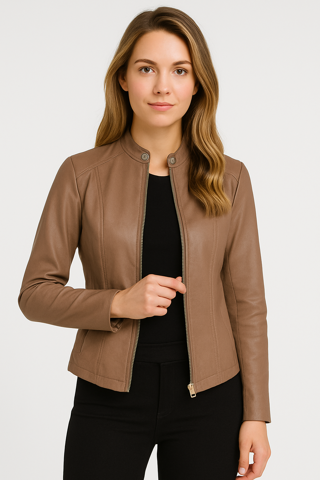 Women's zip-front jacket, a versatile outerwear choice. Modern tailored style, perfect for everyday chic.