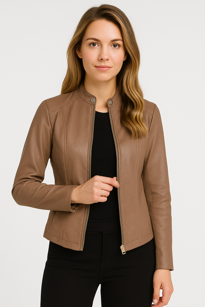 Women's zip-front jacket, a versatile outerwear choice. Modern tailored style, perfect for everyday chic.