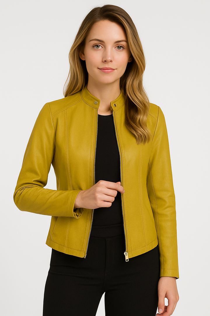 Chic women's jacket with a zip-front. Tailored for modern style, great for versatile everyday fashion wear.