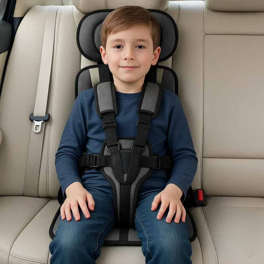 Child's portable car seat harness for travel safety, shown installed in a vehicle seat.