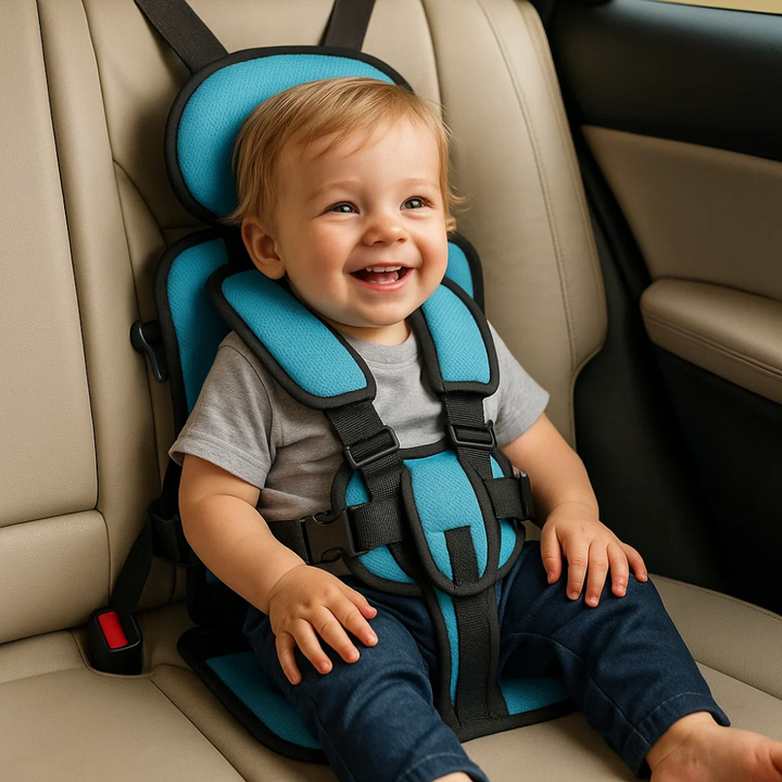 Kids' travel gear: portable car seat harness with durable straps and buckle for child safety.
