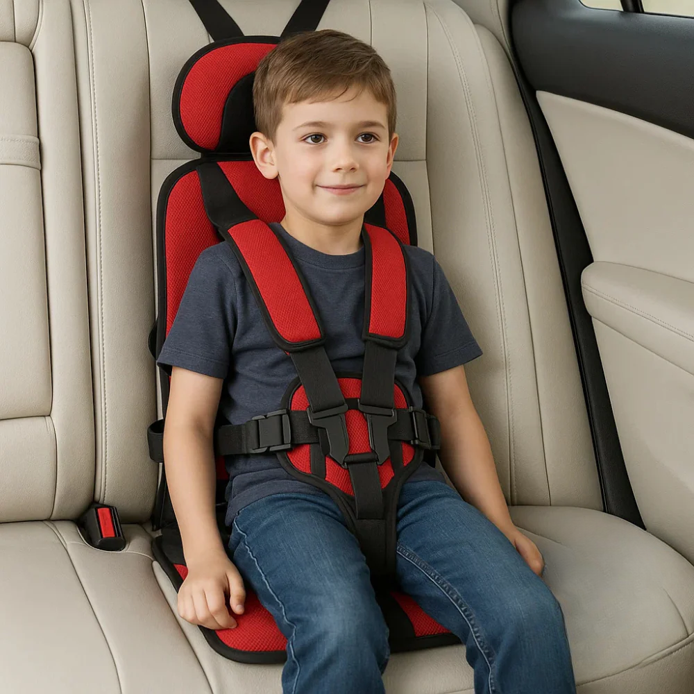 Portable child safety seat harness in black, designed for secure and comfortable travel for kids.
