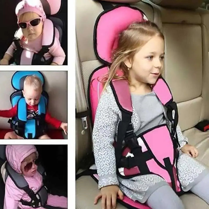 "Child safety car cushion seat in bright red with comfy padding and adjustable straps for secure, cozy travel."