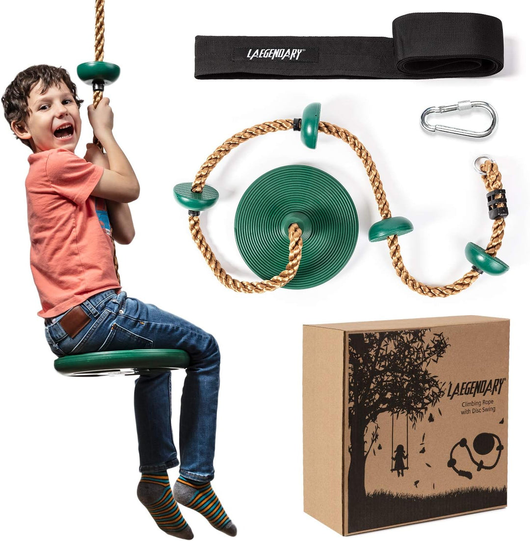 Children's adventurous tree swing set with climbing rope, platforms, and disc swing for backyard fun.