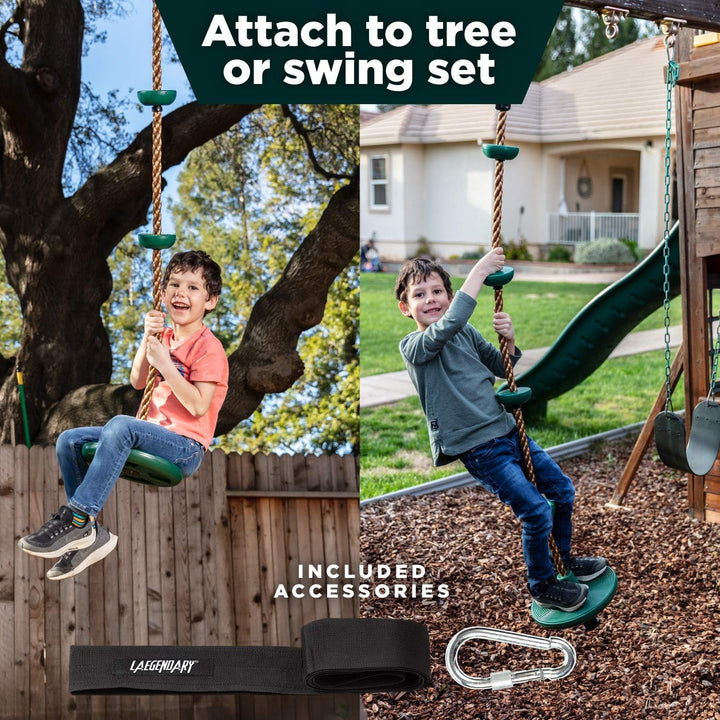 Vibrant disc swing and sturdy climbing rope, part of a children's tree swing set for active backyard fun.
