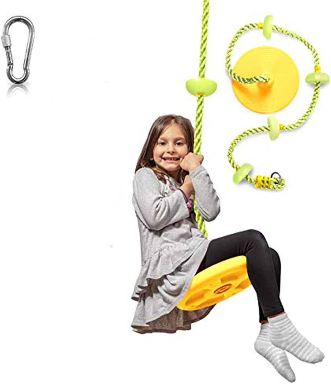 Polyethylene tree swing set with adjustable rope, climbing platforms, and disc for varied kids' activities.