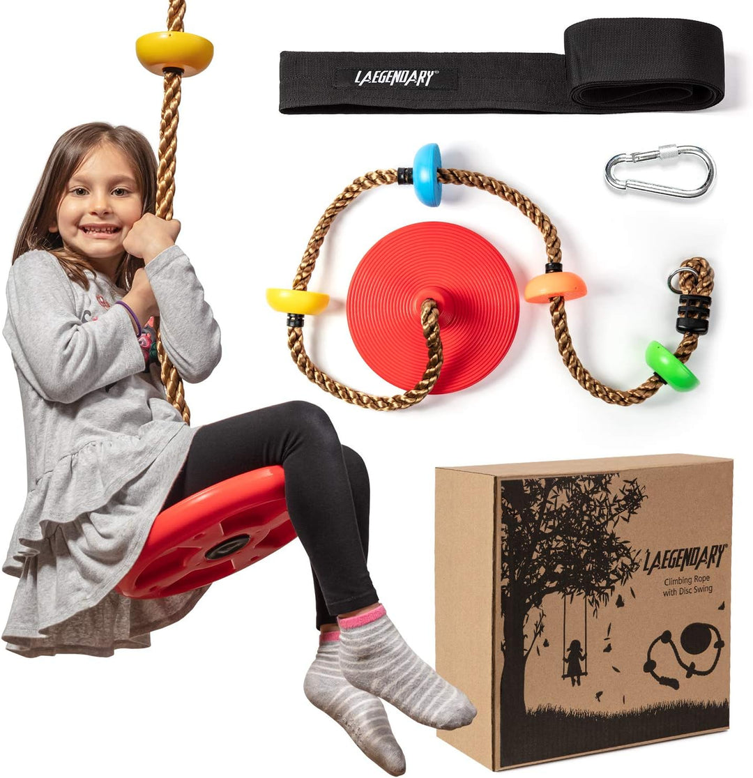 Kids enjoying active outdoor play on an adventurous tree swing set with climbing rope and disc swing.
