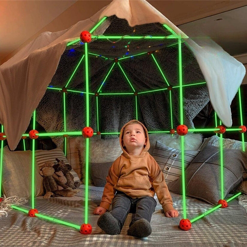 Children's fort building kit with colorful sticks & connectors for creative DIY play tent construction.