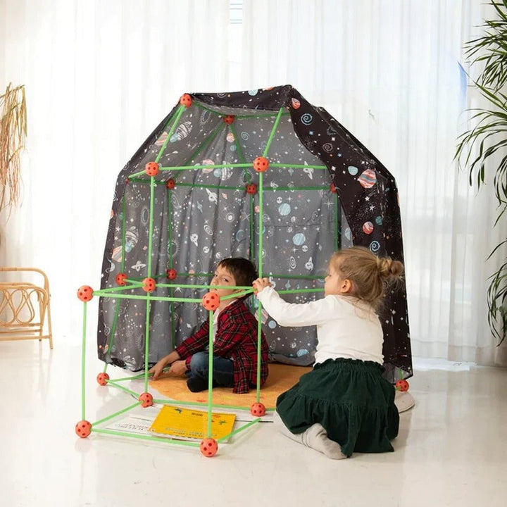 Creative play tent set: colorful rods & spheres for children to build various forts and structures.