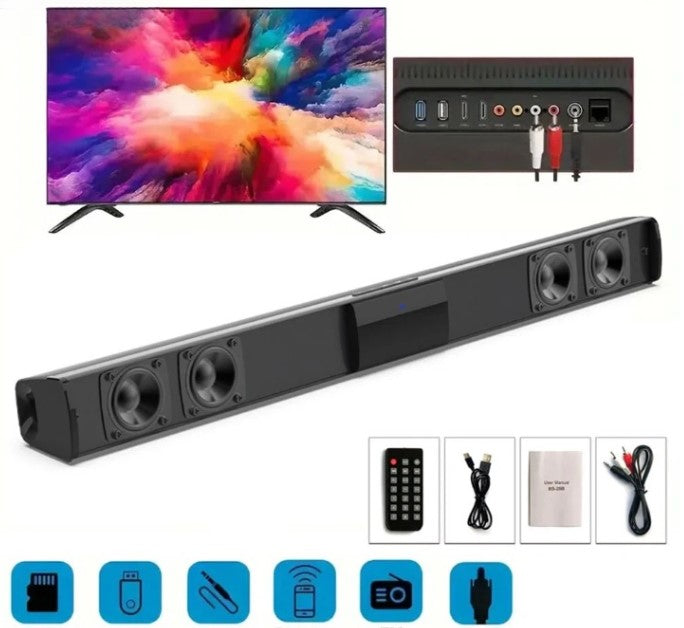 CineWave wireless Bluetooth soundbar speaker system with FM radio & USB, delivering powerful home theater audio.