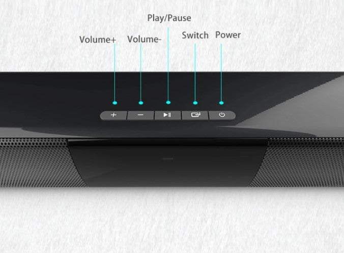 Sleek wireless Bluetooth soundbar for rich stereo audio, featuring FM radio, USB, and easy connectivity.