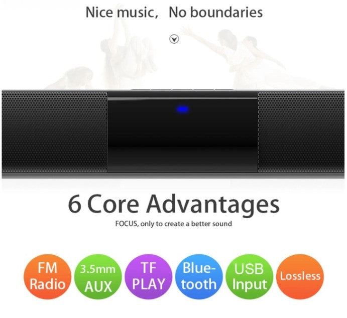 Portable CineWave soundbar speaker system with Bluetooth, FM radio & USB, enhancing your home audio experience.