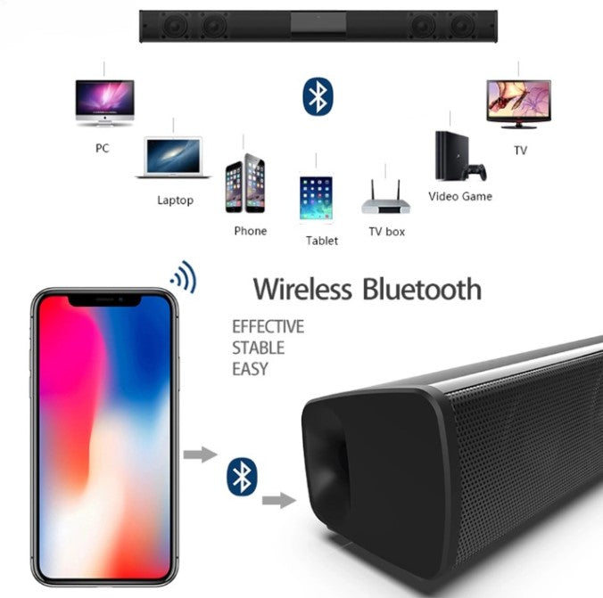 High-fidelity wireless Bluetooth soundbar speaker, perfect for immersive stereo audio, FM radio & USB playback.