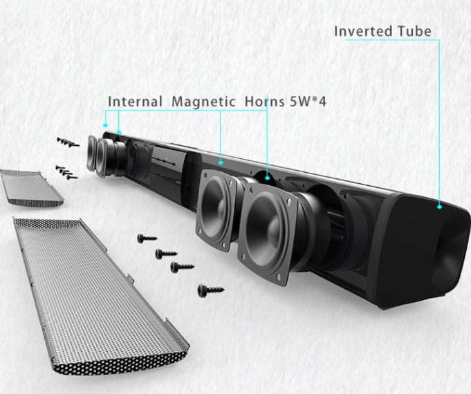 Modern Bluetooth soundbar stereo speaker system with built-in FM radio, USB, and seamless wireless audio streaming.