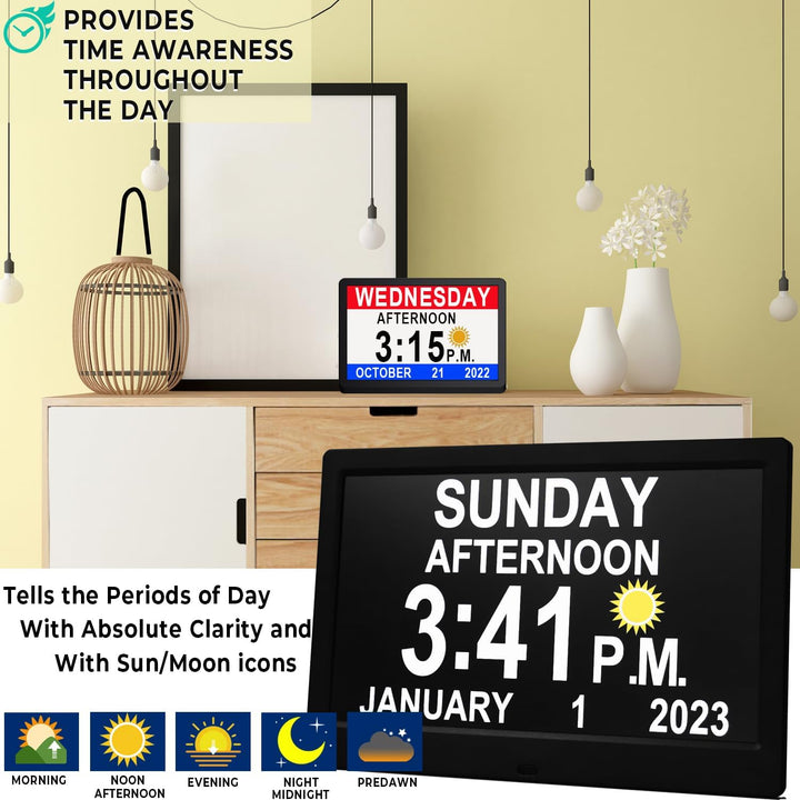 11.5-inch Digital Calendar Day Clock with 19 daily reminders, ideal memory aid for seniors.