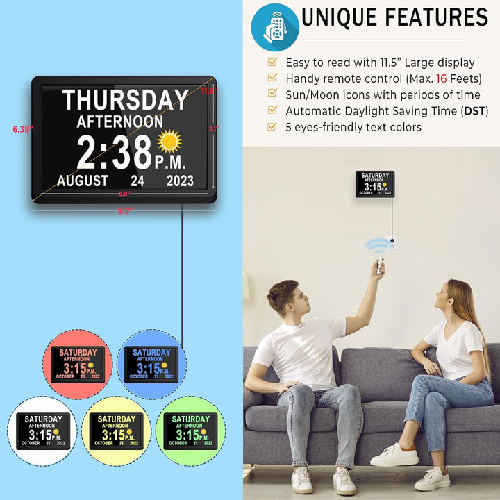 Clear 11.5-inch Digital Day Clock, a home essential for time management & elderly living support.