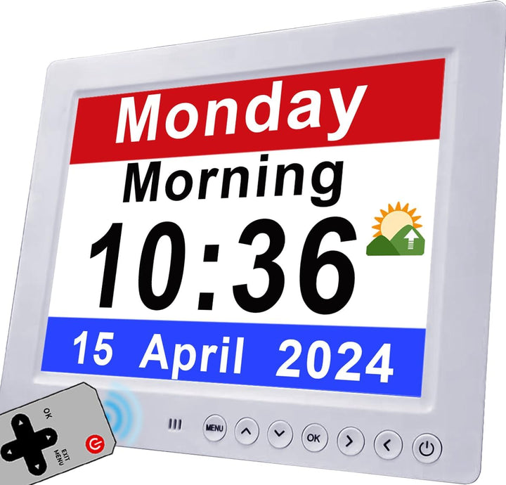 Claryon 11.5-inch Digital Calendar Clock, clear display for day, date, time, memory aid.