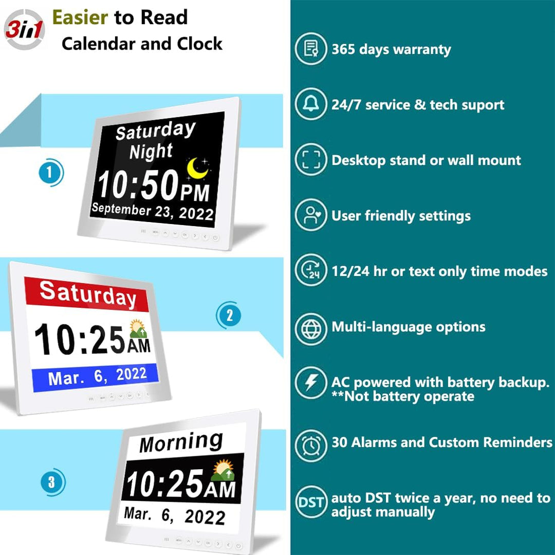 11.5-inch Digital Day Clock with 19 daily reminders, a crucial tool for senior independent living.