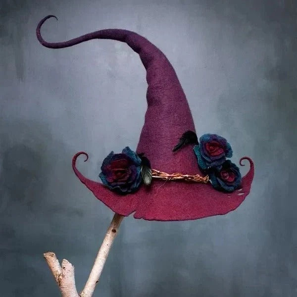 Handmade classic felt witch hat, a spooky accessory for adult Halloween costumes.