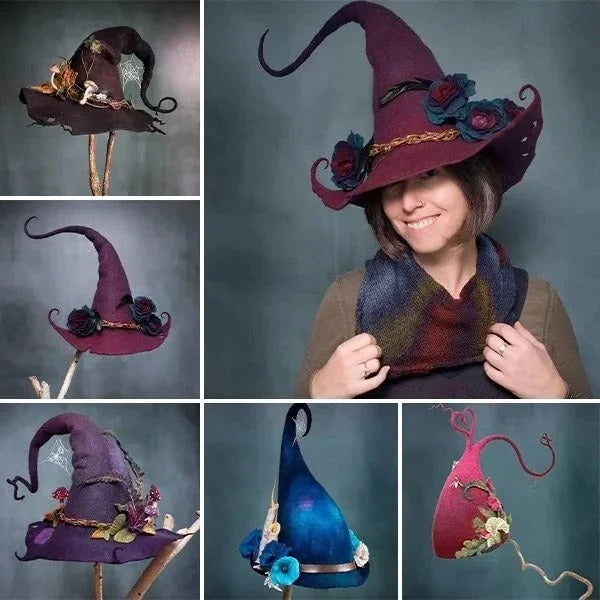 Spooky handmade black felt witch hat, ideal for adult Halloween costumes & party accessories.