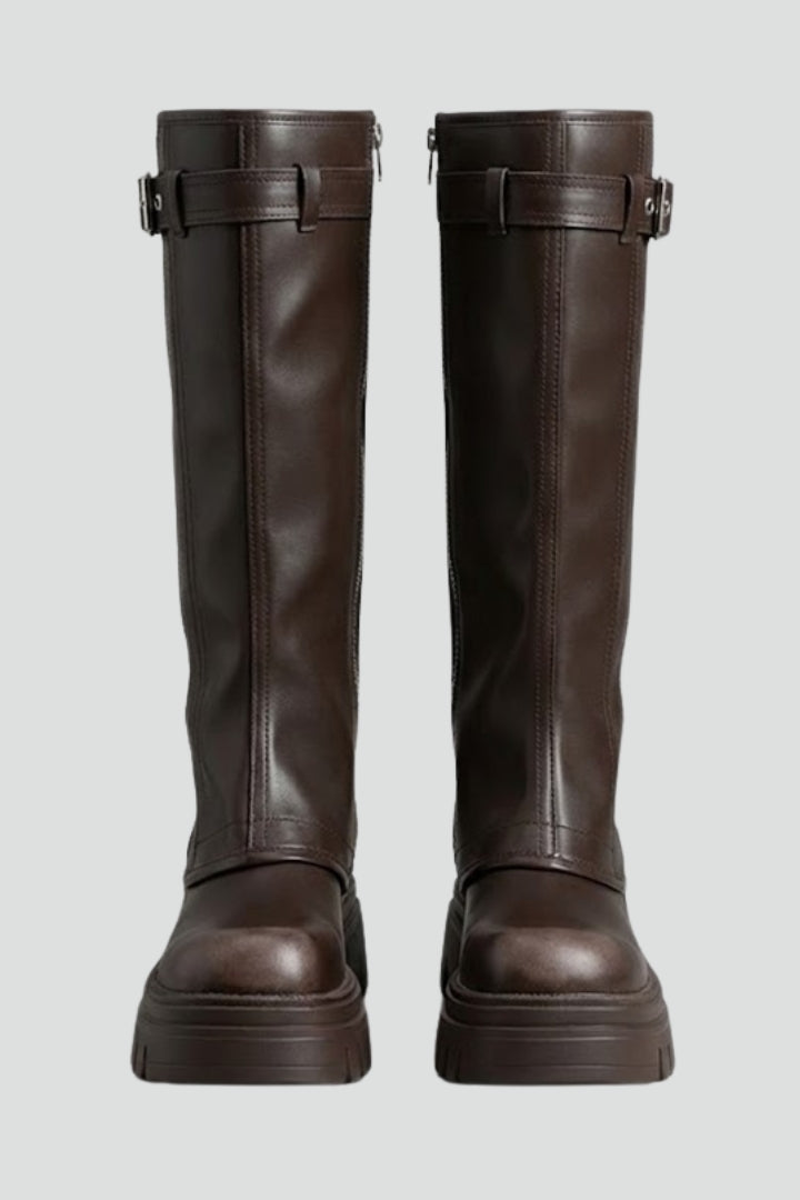 Classic black knee-high platform boots for women with round toe and side zip, perfect for elegant fall fashion.