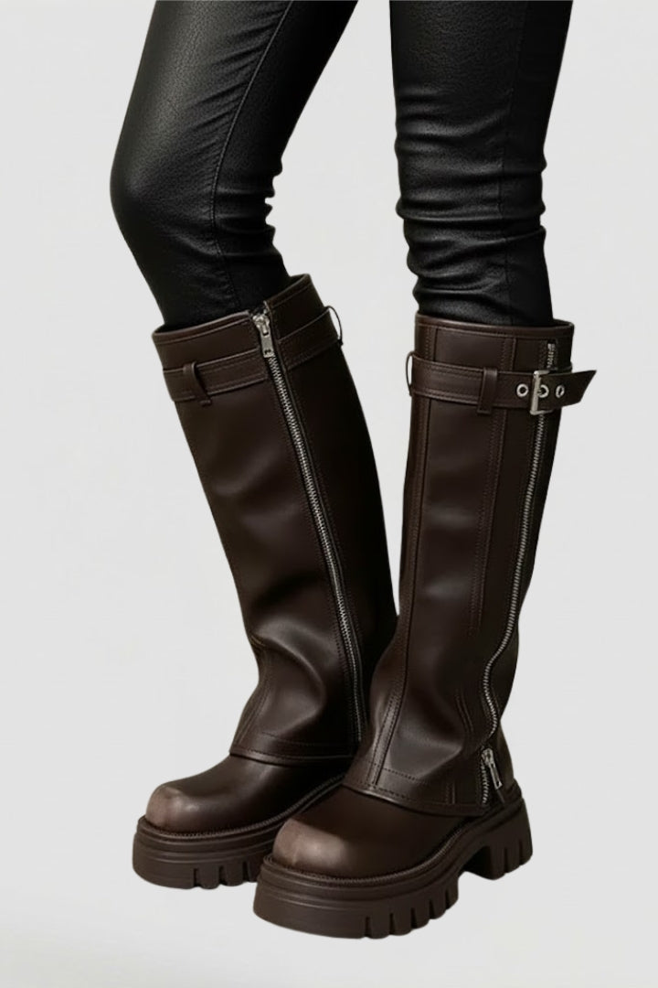 Stylish brown knee-high platform boots for women, featuring a comfortable round toe and convenient side zip closure.