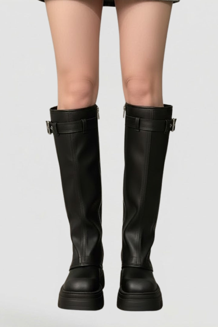 Timeless women's knee-high platform boots, available in brown or black, featuring a round toe & easy side zip.