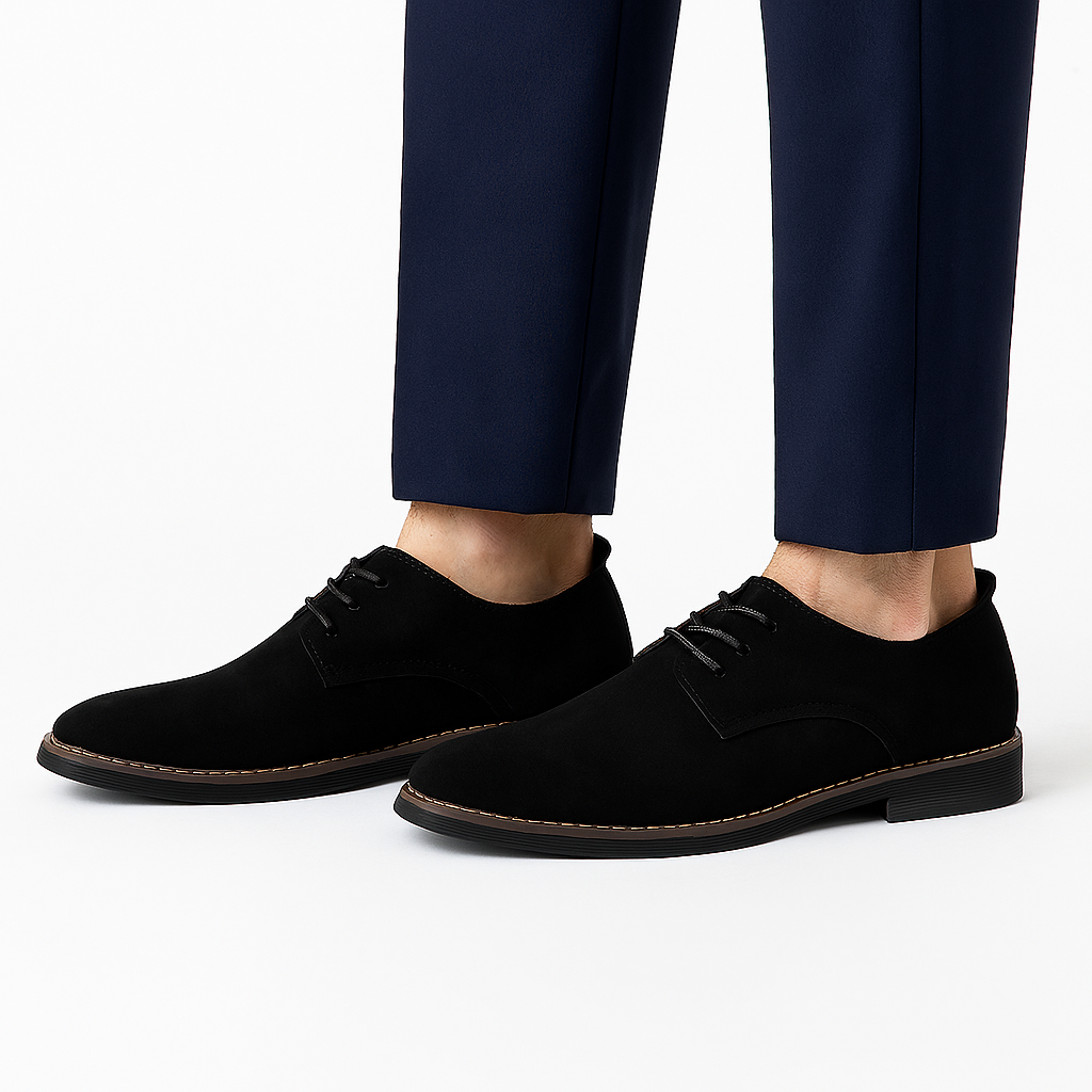 Elegant polished black leather men's Derby shoes, ideal formal lace-up footwear for weddings & business meetings.
