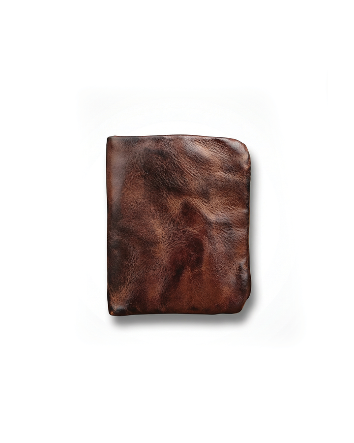 Classic full-grain leather wallet for men in a rich dark brown, showing fine stitching.