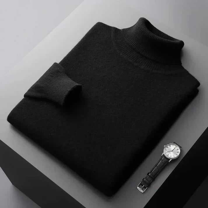 Versatile men's classic turtleneck sweater, great for elegant layering and business casual attire.