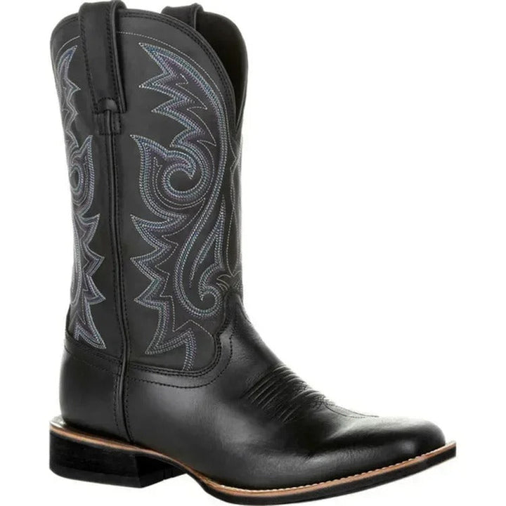 Classic men's brown western square toe cowboy boots. Durable slip-on mid-calf design for rugged style & comfort.
