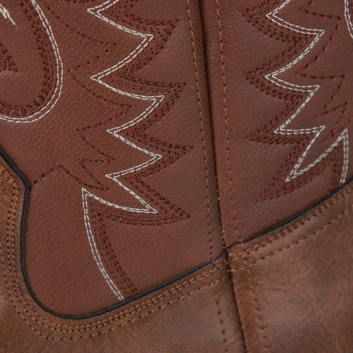 Durable men's brown western square toe boots, classic cowboy style for rugged fashion & comfort. Mid-calf design.