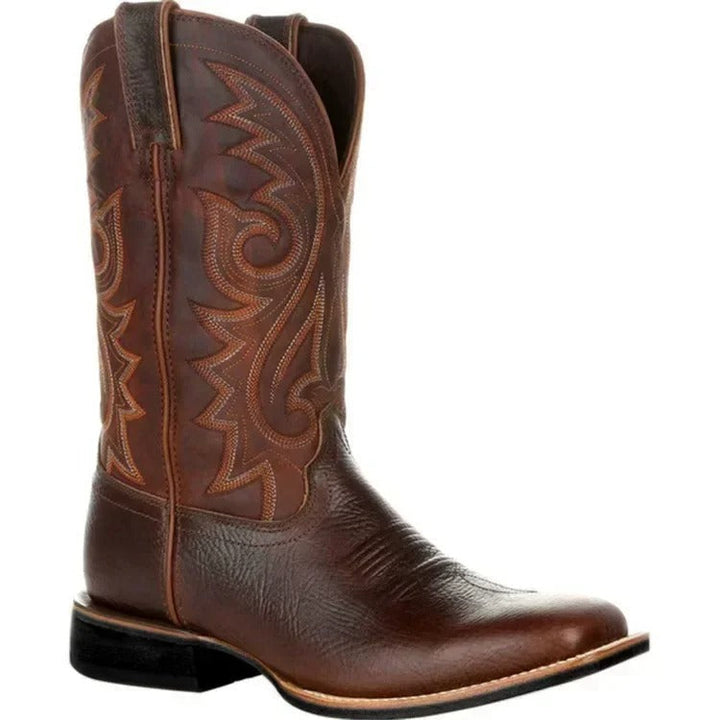 Men's black western square toe boots, perfect for casual wear. Slip-on cowboy style with durable construction.