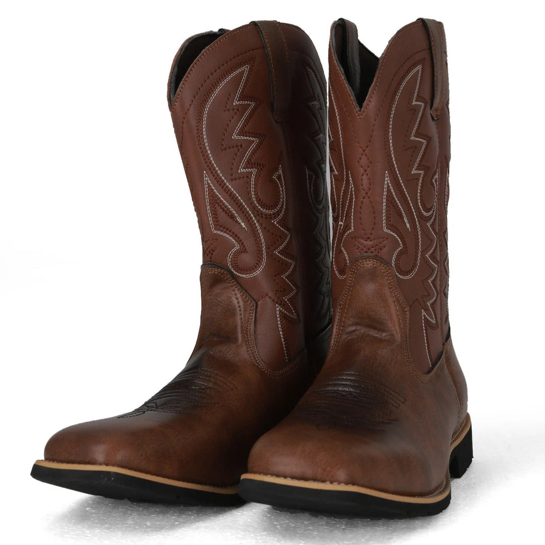 Rugged men's square toe western boots featuring a unique totem pattern. Mid-calf slip-on cowboy fashion.