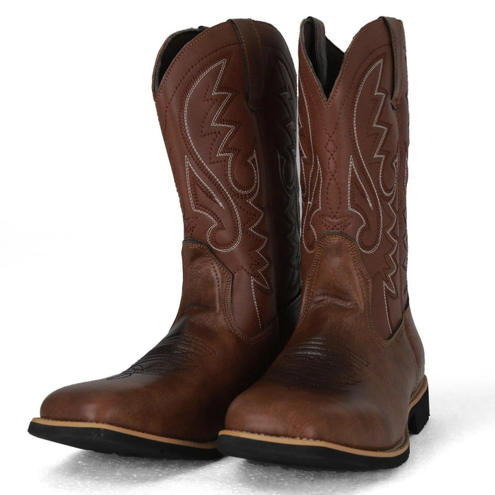 Rugged men's square toe western boots featuring a unique totem pattern. Mid-calf slip-on cowboy fashion.