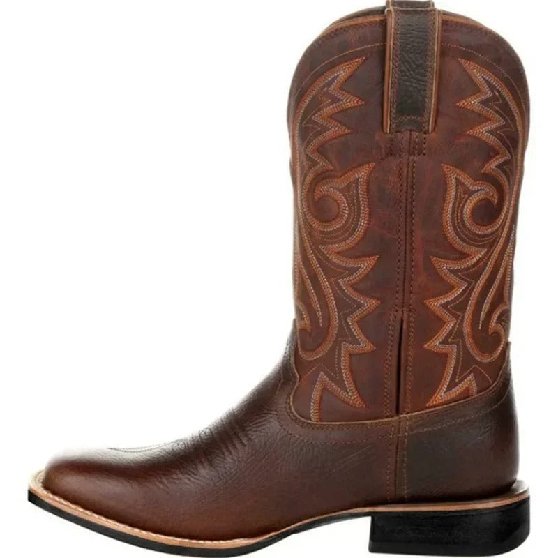 Comfortable men's brown square toe cowboy boots. Classic western style, durable footwear for men's fashion.